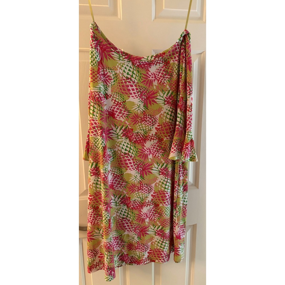 Pappagallo Womens Large Pink Green Pineapple Tropical Bell Sleeve Shift Dress